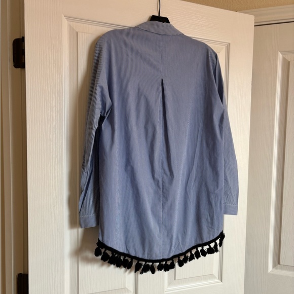 ZARA Blue and White Striped Button Down with Black Tassels on Hem - Picture 4 of 11